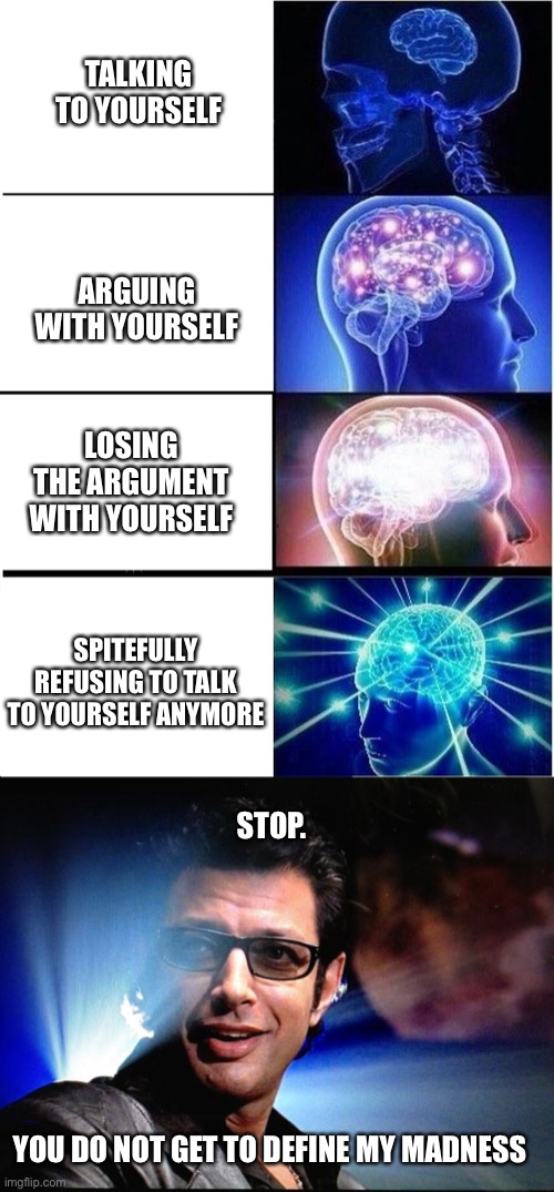 this discussion is spiraling out of control | TALKING TO YOURSELF; ARGUING WITH YOURSELF; LOSING THE ARGUMENT WITH YOURSELF; SPITEFULLY REFUSING TO TALK TO YOURSELF ANYMORE; STOP. YOU DO NOT GET TO DEFINE MY MADNESS | image tagged in ian malcolm,memes,expanding brain,definition of insantiy | made w/ Imgflip meme maker