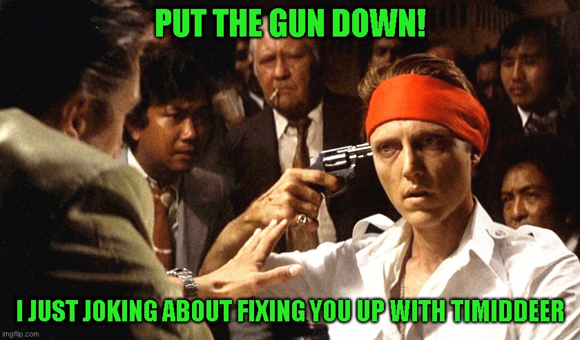 Still...maybe? | PUT THE GUN DOWN! I JUST JOKING ABOUT FIXING YOU UP WITH TIMIDDEER | image tagged in just a joke,hugs and kisses | made w/ Imgflip meme maker