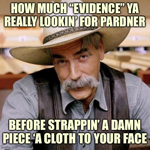 Don’t overthink it. Just wear ‘em, folks. | HOW MUCH “EVIDENCE” YA REALLY LOOKIN’ FOR PARDNER; BEFORE STRAPPIN’ A DAMN PIECE ‘A CLOTH TO YOUR FACE | image tagged in sarcasm cowboy,face mask,social distancing,roll safe,covid-19,coronavirus | made w/ Imgflip meme maker