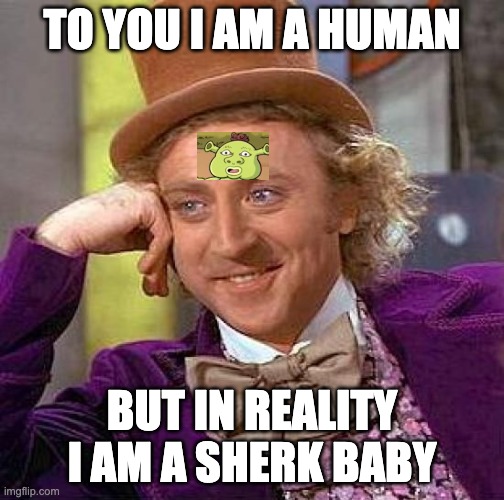 Who believes me? | TO YOU I AM A HUMAN; BUT IN REALITY I AM A SHERK BABY | image tagged in memes,creepy condescending wonka | made w/ Imgflip meme maker
