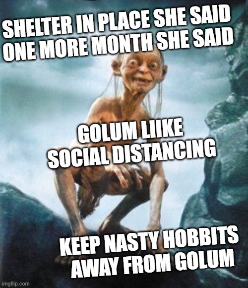 golum like social distancing | SHELTER IN PLACE SHE SAID
ONE MORE MONTH SHE SAID; GOLUM LIIKE SOCIAL DISTANCING; KEEP NASTY HOBBITS 
AWAY FROM GOLUM | image tagged in quarantine,social distancing,lockdown,dictatorial governor,my precious gollum | made w/ Imgflip meme maker