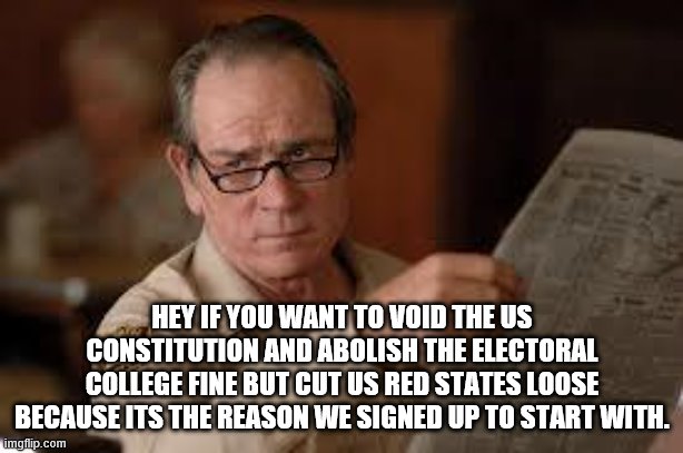 no country for old men tommy lee jones | HEY IF YOU WANT TO VOID THE US CONSTITUTION AND ABOLISH THE ELECTORAL COLLEGE FINE BUT CUT US RED STATES LOOSE BECAUSE ITS THE REASON WE SIG | image tagged in no country for old men tommy lee jones | made w/ Imgflip meme maker