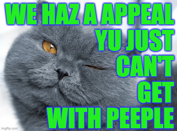 WE HAZ A APPEAL
YU JUST
CAN'T
GET
WITH PEEPLE | made w/ Imgflip meme maker