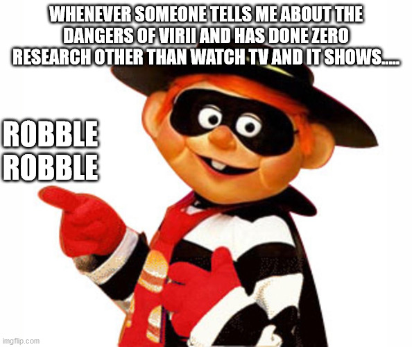 Hamburglar | WHENEVER SOMEONE TELLS ME ABOUT THE DANGERS OF VIRII AND HAS DONE ZERO RESEARCH OTHER THAN WATCH TV AND IT SHOWS..... ROBBLE ROBBLE | image tagged in hamburglar | made w/ Imgflip meme maker