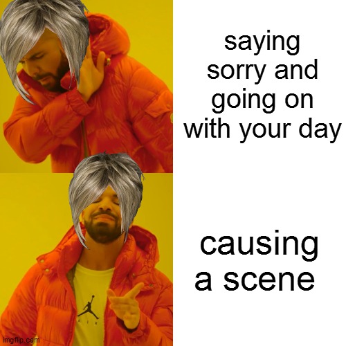 Drake Hotline Bling Meme | saying sorry and going on with your day; causing a scene | image tagged in memes,drake hotline bling | made w/ Imgflip meme maker