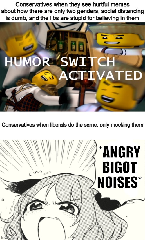 Humour Switch | Conservatives when they see hurtful memes about how there are only two genders, social distancing is dumb, and the libs are stupid for believing in them; Conservatives when liberals do the same, only mocking them; *ANGRY BIGOT NOISES* | image tagged in humor switch activated | made w/ Imgflip meme maker