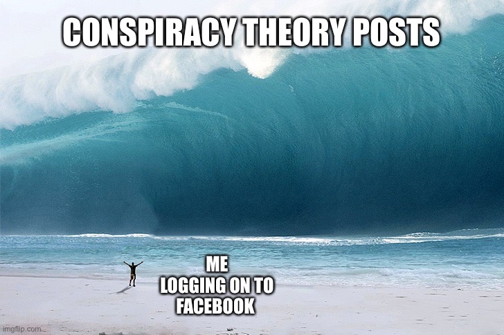 tsunami | CONSPIRACY THEORY POSTS; ME LOGGING ON TO FACEBOOK | image tagged in tsunami | made w/ Imgflip meme maker