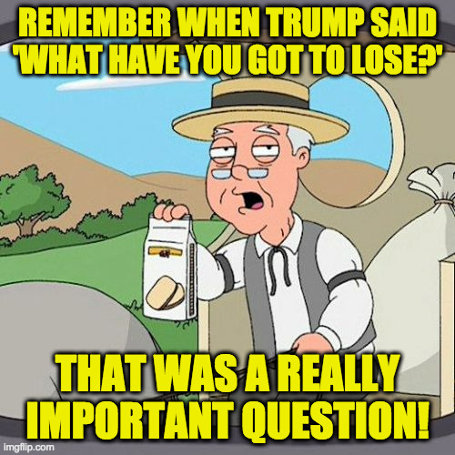 Pepperidge Farm Remembers Meme | REMEMBER WHEN TRUMP SAID 'WHAT HAVE YOU GOT TO LOSE?'; THAT WAS A REALLY IMPORTANT QUESTION! | image tagged in memes,pepperidge farm remembers | made w/ Imgflip meme maker