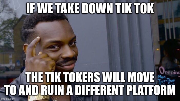 Think about it. | IF WE TAKE DOWN TIK TOK; THE TIK TOKERS WILL MOVE TO AND RUIN A DIFFERENT PLATFORM | image tagged in memes,roll safe think about it | made w/ Imgflip meme maker