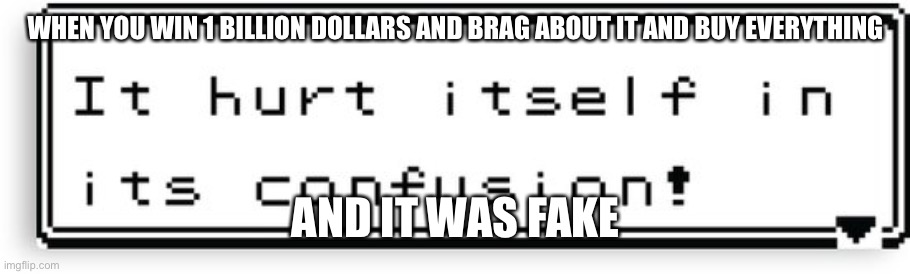 It Hurt Itself In It's Confusion | WHEN YOU WIN 1 BILLION DOLLARS AND BRAG ABOUT IT AND BUY EVERYTHING; AND IT WAS FAKE | image tagged in it hurt itself in it's confusion | made w/ Imgflip meme maker