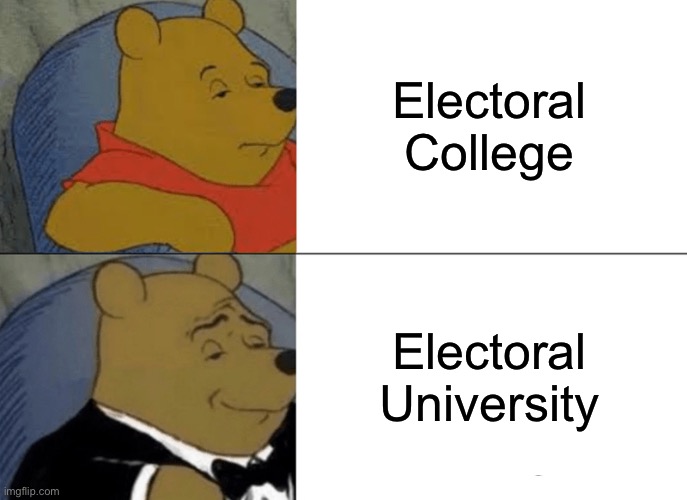 Tuxedo Winnie The Pooh Meme | Electoral College; Electoral University | image tagged in memes,tuxedo winnie the pooh,college,political humor,university,politics lol | made w/ Imgflip meme maker