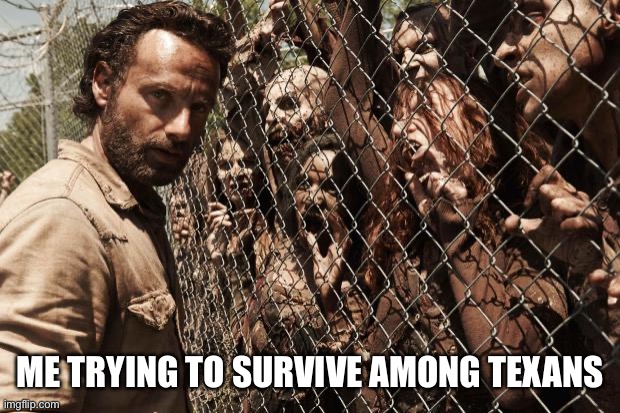 Surviving Covid in Texas | ME TRYING TO SURVIVE AMONG TEXANS | image tagged in zombies | made w/ Imgflip meme maker