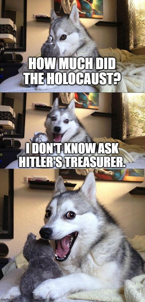 Bad Pun Dog | HOW MUCH DID THE HOLOCAUST? I DON'T KNOW ASK HITLER'S TREASURER. | image tagged in memes,bad pun dog | made w/ Imgflip meme maker