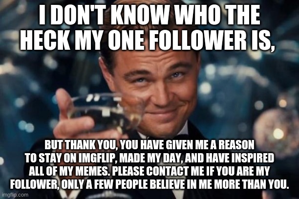 Please contact the commentless one, RocketcatM30W. | I DON'T KNOW WHO THE HECK MY ONE FOLLOWER IS, BUT THANK YOU, YOU HAVE GIVEN ME A REASON TO STAY ON IMGFLIP, MADE MY DAY, AND HAVE INSPIRED ALL OF MY MEMES. PLEASE CONTACT ME IF YOU ARE MY FOLLOWER, ONLY A FEW PEOPLE BELIEVE IN ME MORE THAN YOU. | image tagged in memes,leonardo dicaprio cheers | made w/ Imgflip meme maker