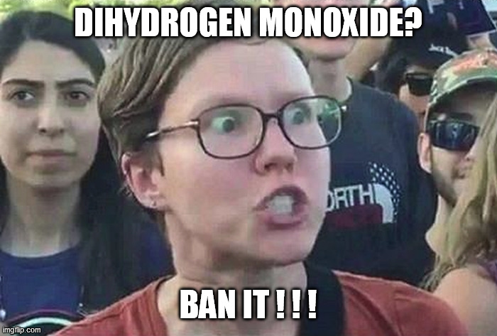 Triggered Liberal | DIHYDROGEN MONOXIDE? BAN IT ! ! ! | image tagged in triggered liberal | made w/ Imgflip meme maker