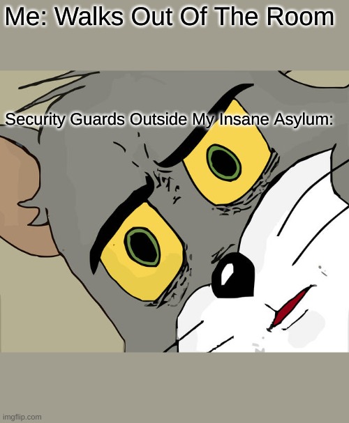 Unsettled Tom Meme | Me: Walks Out Of The Room; Security Guards Outside My Insane Asylum: | image tagged in memes,unsettled tom | made w/ Imgflip meme maker
