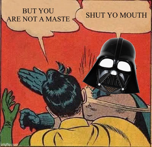 MASTER SKYWALKER | BUT YOU ARE NOT A MASTE; SHUT YO MOUTH | image tagged in memes,batman slapping robin | made w/ Imgflip meme maker