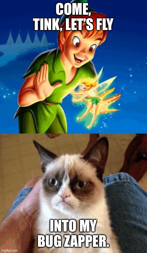 Grumpy Cat Does Not Believe | COME, TINK, LET’S FLY; INTO MY BUG ZAPPER. | image tagged in memes,grumpy cat does not believe,grumpy cat | made w/ Imgflip meme maker