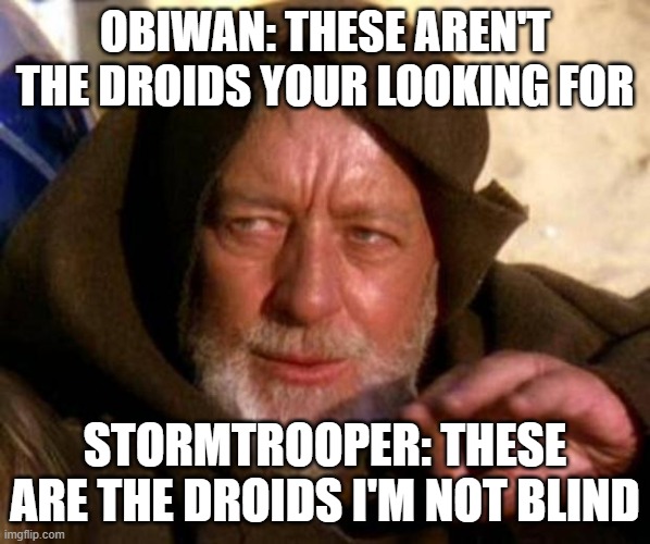 These are not the droids you're looking for | OBIWAN: THESE AREN'T THE DROIDS YOUR LOOKING FOR; STORMTROOPER: THESE ARE THE DROIDS I'M NOT BLIND | image tagged in these are not the droids you're looking for | made w/ Imgflip meme maker