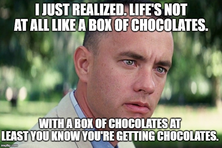 And Just Like That Meme | I JUST REALIZED. LIFE'S NOT AT ALL LIKE A BOX OF CHOCOLATES. WITH A BOX OF CHOCOLATES AT LEAST YOU KNOW YOU'RE GETTING CHOCOLATES. | image tagged in memes | made w/ Imgflip meme maker