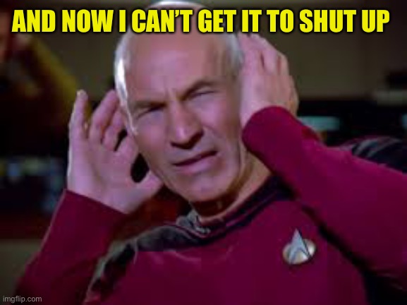 Captain Picard Covering Ears | AND NOW I CAN’T GET IT TO SHUT UP | image tagged in captain picard covering ears | made w/ Imgflip meme maker