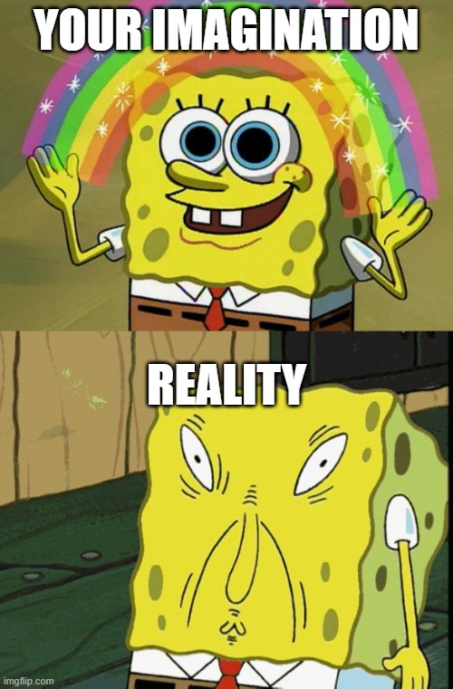 The stark contrast | YOUR IMAGINATION; REALITY | image tagged in memes,imagination spongebob,spongebob funny face,reality | made w/ Imgflip meme maker