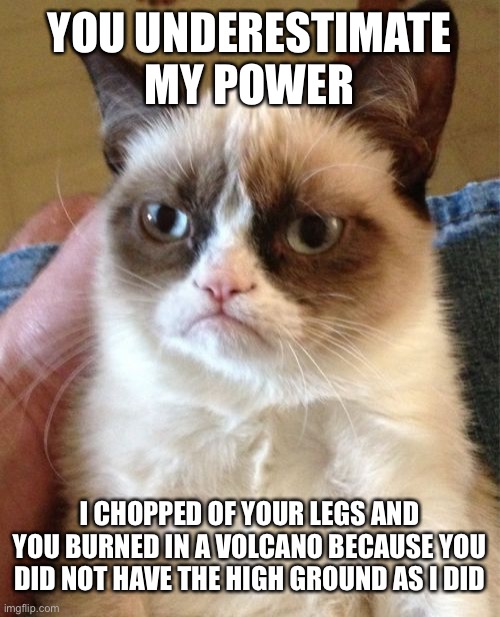 Grumpy Cat Meme | YOU UNDERESTIMATE MY POWER; I CHOPPED OF YOUR LEGS AND YOU BURNED IN A VOLCANO BECAUSE YOU DID NOT HAVE THE HIGH GROUND AS I DID | image tagged in memes,grumpy cat | made w/ Imgflip meme maker