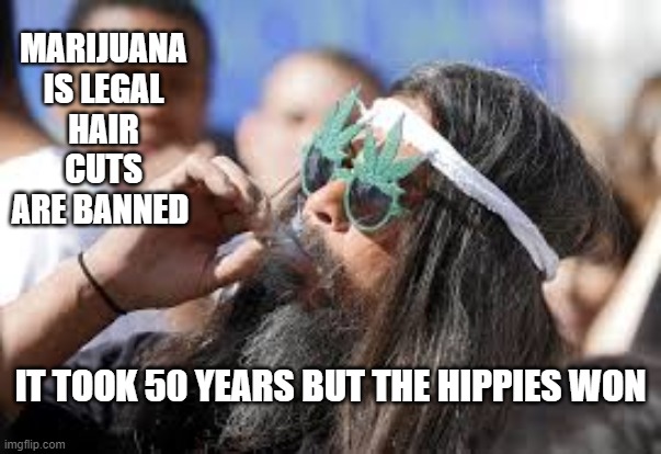 the hippies have won | MARIJUANA IS LEGAL HAIR CUTS ARE BANNED; IT TOOK 50 YEARS BUT THE HIPPIES WON | image tagged in hippies | made w/ Imgflip meme maker