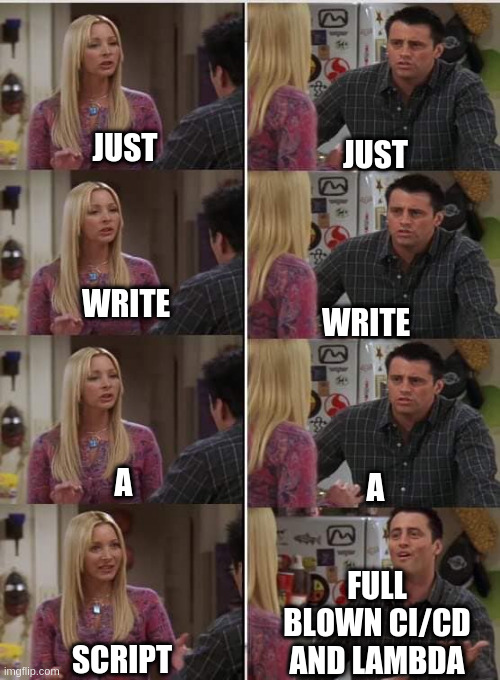 Just write a script | JUST; JUST; WRITE; WRITE; A; A; SCRIPT; FULL BLOWN CI/CD AND LAMBDA | image tagged in friends joey teached french | made w/ Imgflip meme maker