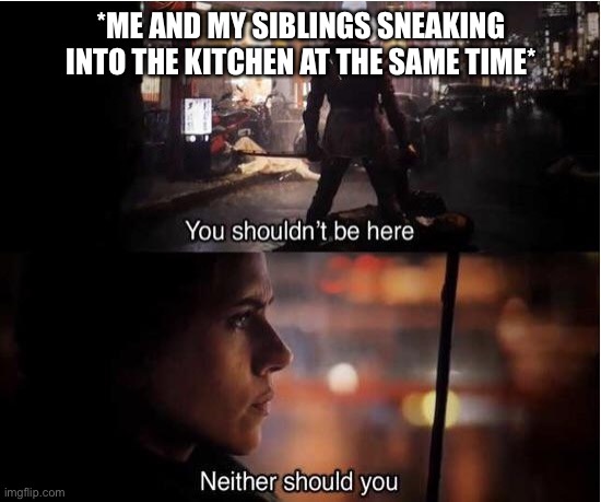 You shouldn't be here, Neither should you | *ME AND MY SIBLINGS SNEAKING INTO THE KITCHEN AT THE SAME TIME* | image tagged in you shouldn't be here neither should you | made w/ Imgflip meme maker