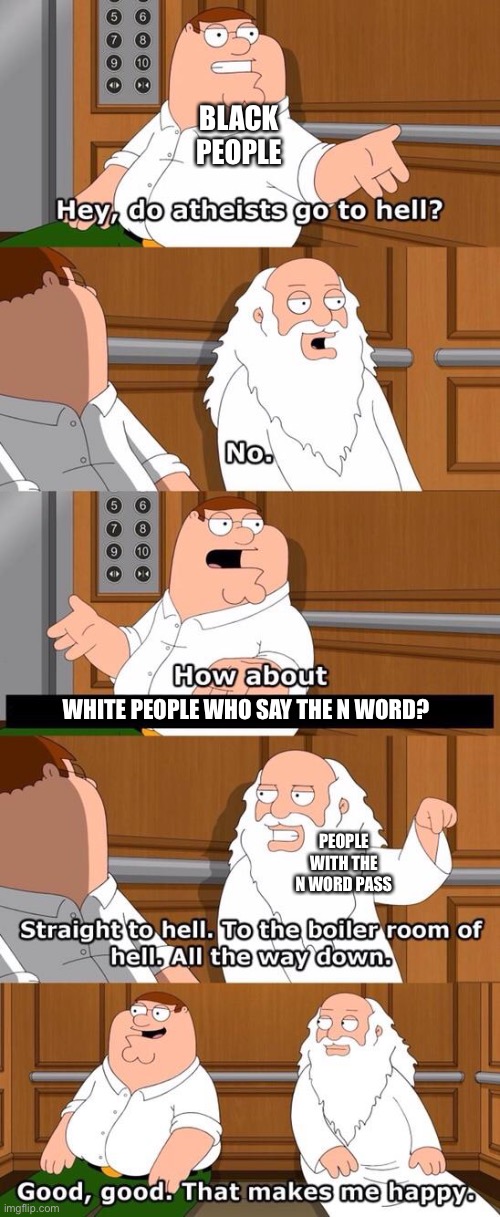 Ni- nice meme | BLACK PEOPLE; WHITE PEOPLE WHO SAY THE N WORD? PEOPLE WITH THE N WORD PASS | image tagged in the boiler room of hell | made w/ Imgflip meme maker