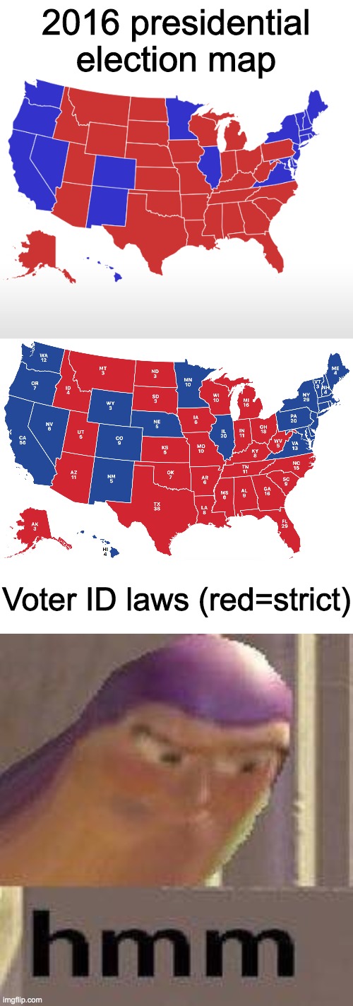 I will never understand the argument against Voter ID | 2016 presidential election map; Voter ID laws (red=strict) | image tagged in buzz lightyear hmm,funny,memes,politics | made w/ Imgflip meme maker