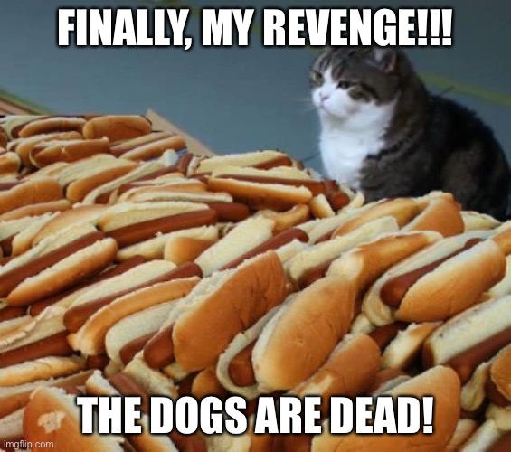 Mua ha haaaaa | FINALLY, MY REVENGE!!! THE DOGS ARE DEAD! | image tagged in hot dog cat | made w/ Imgflip meme maker