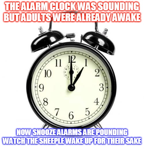 Alarm Clock, Wake Up | THE ALARM CLOCK WAS SOUNDING
BUT ADULTS WERE ALREADY AWAKE; NOW SNOOZE ALARMS ARE POUNDING

WATCH THE SHEEPLE WAKE UP FOR THEIR SAKE | image tagged in alarm clock,sheeple,adults,awake,snooze | made w/ Imgflip meme maker