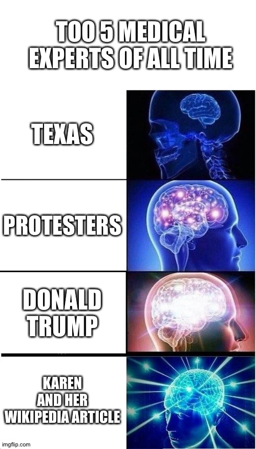 Expanding Brain Meme | TOO 5 MEDICAL EXPERTS OF ALL TIME; TEXAS; PROTESTERS; DONALD TRUMP; KAREN AND HER WIKIPEDIA ARTICLE | image tagged in memes,expanding brain | made w/ Imgflip meme maker