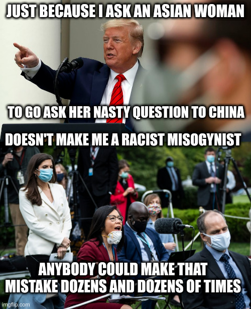 Besides it really shows how tough I am when I cry boo-hoo at he mean press and stomp off the stage like an overgrown toddler! | JUST BECAUSE I ASK AN ASIAN WOMAN; TO GO ASK HER NASTY QUESTION TO CHINA; DOESN'T MAKE ME A RACIST MISOGYNIST; ANYBODY COULD MAKE THAT MISTAKE DOZENS AND DOZENS OF TIMES | image tagged in weijia jiang,trump,reporters,covid-19,first amendment | made w/ Imgflip meme maker