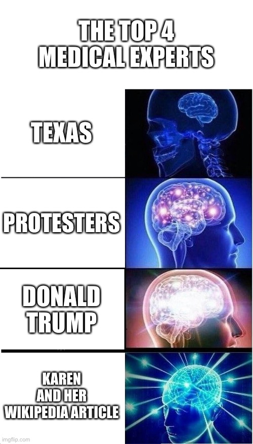 Expanding Brain | THE TOP 4 MEDICAL EXPERTS; TEXAS; PROTESTERS; DONALD TRUMP; KAREN AND HER WIKIPEDIA ARTICLE | image tagged in memes,expanding brain | made w/ Imgflip meme maker