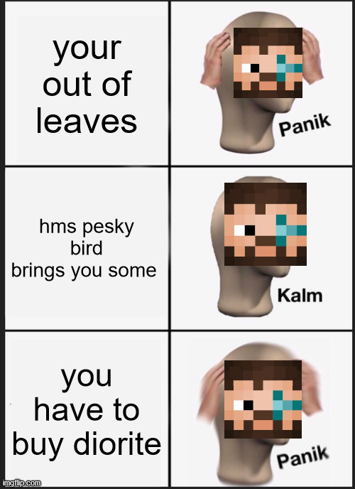 Panik Kalm Panik Meme | your out of leaves; hms pesky bird brings you some; you have to buy diorite | image tagged in memes,panik kalm panik | made w/ Imgflip meme maker