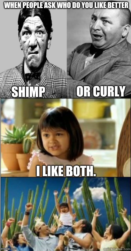 Shimp Or Curly | WHEN PEOPLE ASK WHO DO YOU LIKE BETTER; SHIMP; OR CURLY; I LIKE BOTH. | image tagged in why not both,three stooges,stooges,shimp,curly | made w/ Imgflip meme maker