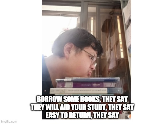 At the end of each semester, returning books | BORROW SOME BOOKS, THEY SAY
THEY WILL AID YOUR STUDY, THEY SAY
EASY TO RETURN, THEY SAY | image tagged in school,books | made w/ Imgflip meme maker