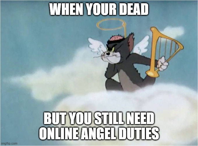 Angelic Tom Flying on a Cloud | WHEN YOUR DEAD; BUT YOU STILL NEED ONLINE ANGEL DUTIES | image tagged in angelic tom flying on a cloud | made w/ Imgflip meme maker