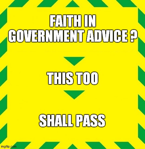 Cynical .... Moi ? | FAITH IN GOVERNMENT ADVICE ? THIS TOO; SHALL PASS | image tagged in fun,nhs stay alert | made w/ Imgflip meme maker