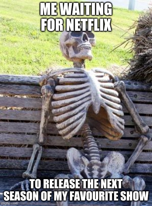 Waiting Skeleton | ME WAITING FOR NETFLIX; TO RELEASE THE NEXT SEASON OF MY FAVOURITE SHOW | image tagged in memes,waiting skeleton | made w/ Imgflip meme maker