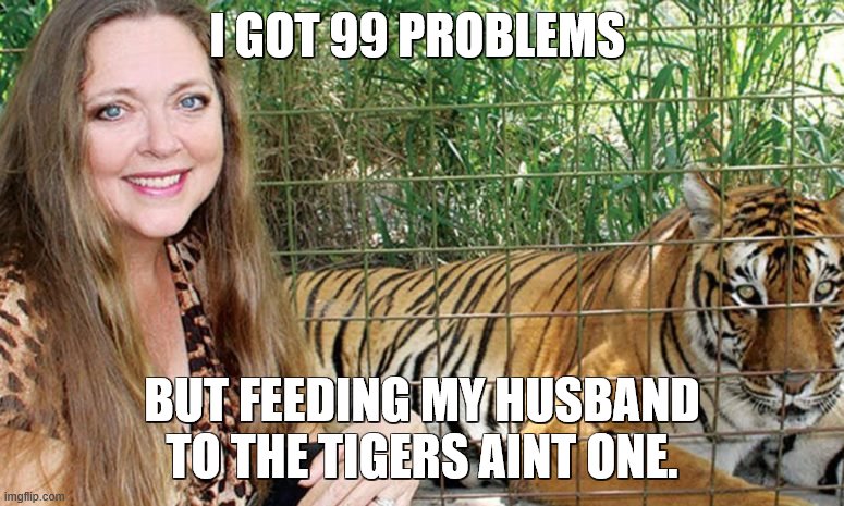 i got 99 problems | I GOT 99 PROBLEMS; BUT FEEDING MY HUSBAND TO THE TIGERS AINT ONE. | image tagged in carole baskin | made w/ Imgflip meme maker