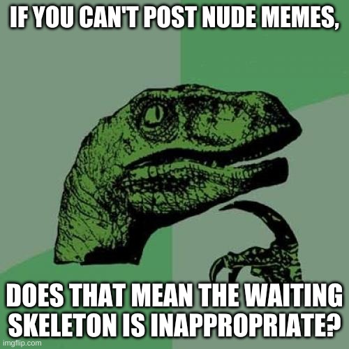 Well, does it? | IF YOU CAN'T POST NUDE MEMES, DOES THAT MEAN THE WAITING SKELETON IS INAPPROPRIATE? | image tagged in memes,philosoraptor | made w/ Imgflip meme maker