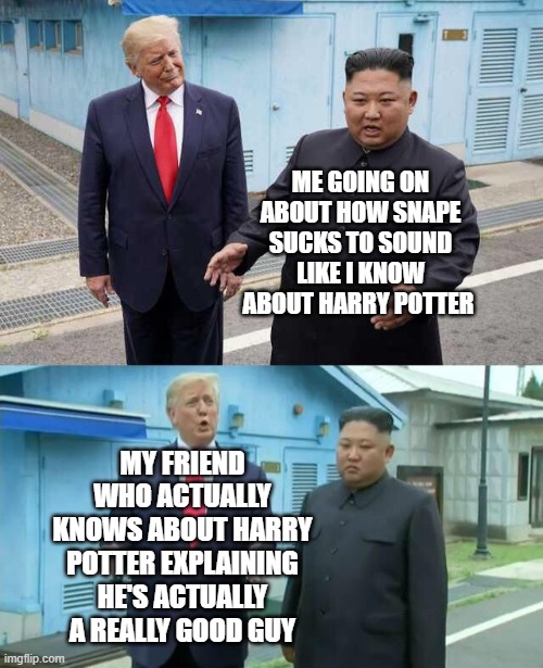 Trump & Kim Jong Un | ME GOING ON ABOUT HOW SNAPE SUCKS TO SOUND LIKE I KNOW ABOUT HARRY POTTER; MY FRIEND WHO ACTUALLY KNOWS ABOUT HARRY POTTER EXPLAINING HE'S ACTUALLY A REALLY GOOD GUY | image tagged in trump  kim jong un | made w/ Imgflip meme maker