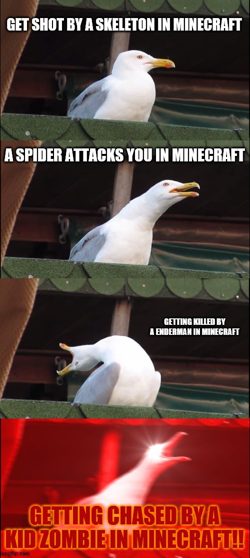 Inhaling Seagull | GET SHOT BY A SKELETON IN MINECRAFT; A SPIDER ATTACKS YOU IN MINECRAFT; GETTING KILLED BY A ENDERMAN IN MINECRAFT; GETTING CHASED BY A KID ZOMBIE IN MINECRAFT!! | image tagged in memes,inhaling seagull | made w/ Imgflip meme maker
