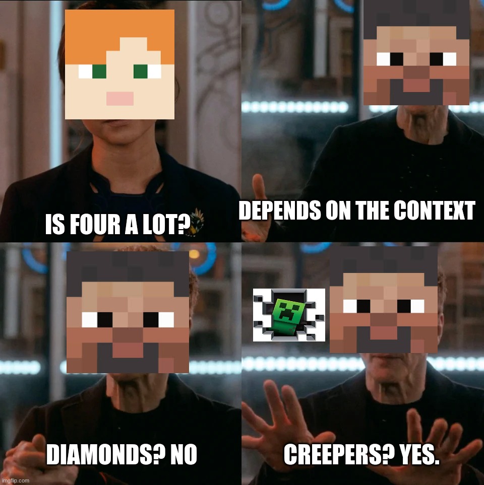 Creeper, Aw man | DEPENDS ON THE CONTEXT; IS FOUR A LOT? DIAMONDS? NO; CREEPERS? YES. | image tagged in minecraft | made w/ Imgflip meme maker