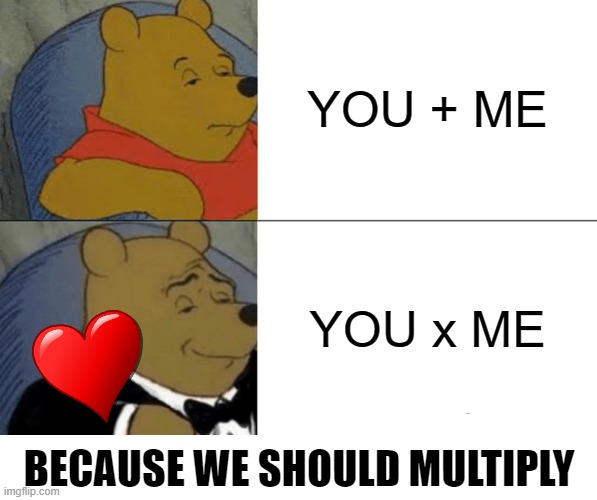 Winnie the Suave | YOU + ME; YOU x ME; BECAUSE WE SHOULD MULTIPLY | image tagged in memes,tuxedo winnie the pooh,multiply,love,you and me | made w/ Imgflip meme maker