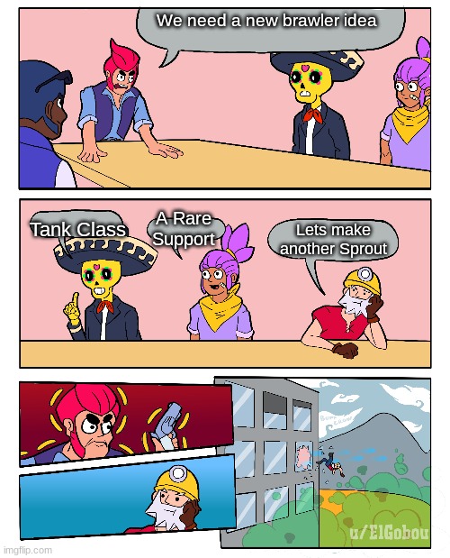 Brawl Stars Boardroom Meeting Suggestion | We need a new brawler idea; Tank Class; A Rare Support; Lets make another Sprout | image tagged in brawl stars boardroom meeting suggestion | made w/ Imgflip meme maker